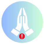 Praying hand with an red exclamation small circle over a blue background